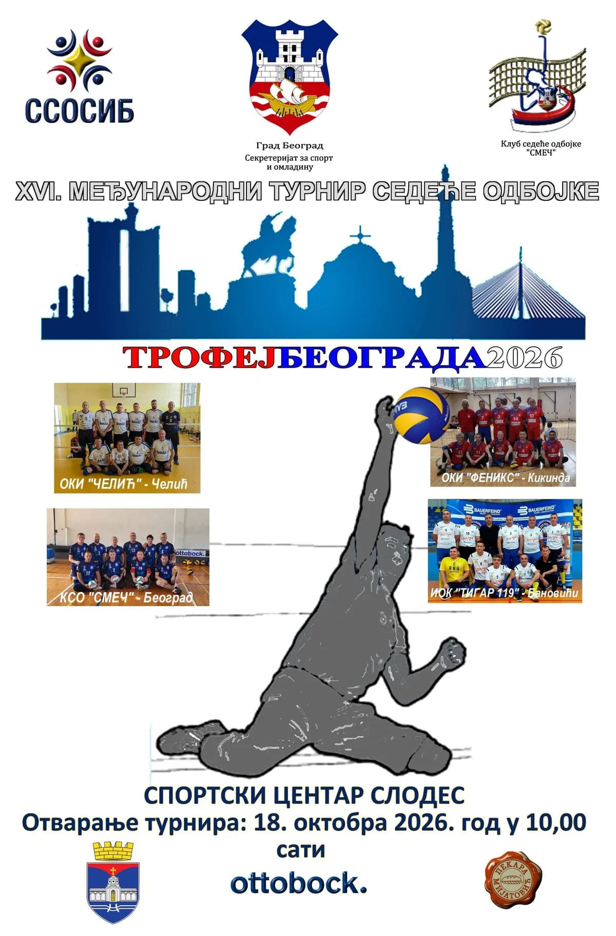 Plakat XVI međunarodnog turnira sedeće odbojke Trofej Beograda 2026 sa fotografijama četiri ekipe